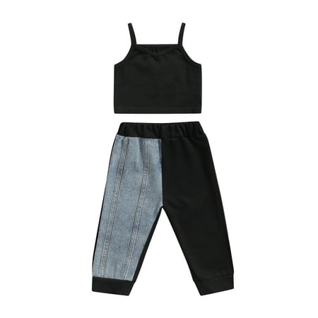 

Woshilaocai Summer Toddler Girls Pant Set Sleeveless Strap Camis Tops Denim Patachwork Long Trouser Outfits Children Clothes