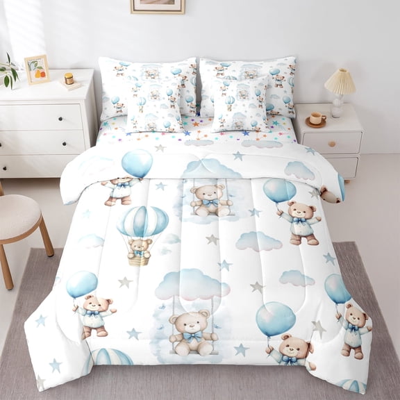 Manfei Kids Kawaii Bear Bedding Comforter Set 7-Piece, Dreamy Cartoon Style King Bedding Sets, Stars Cloud Print Reversible Bed Sheets, Luxury Bedroom Decor