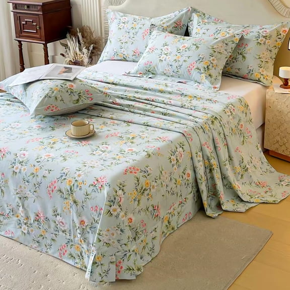 100% Cotton Botanical Floral 4-Piece Queen Sheets Set, Premium Cotton Twill, 600 Thread Count, 15" Deep Pocket, Breathable & Durable