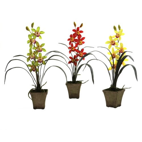 Nearly Natural 4066-AS-S3 Cymbidium Orchidée avec Vase, Vert/rouge/jaune, Lot de 3