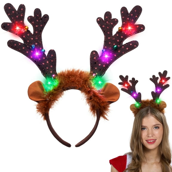 Joyfy Christmas Reindeer Headbands, Christmas Light Up LED Antlers Reindeer Hat Headbands Holiday Headbands for Christmas Party Supplies and Holiday Party Favors (One Size)