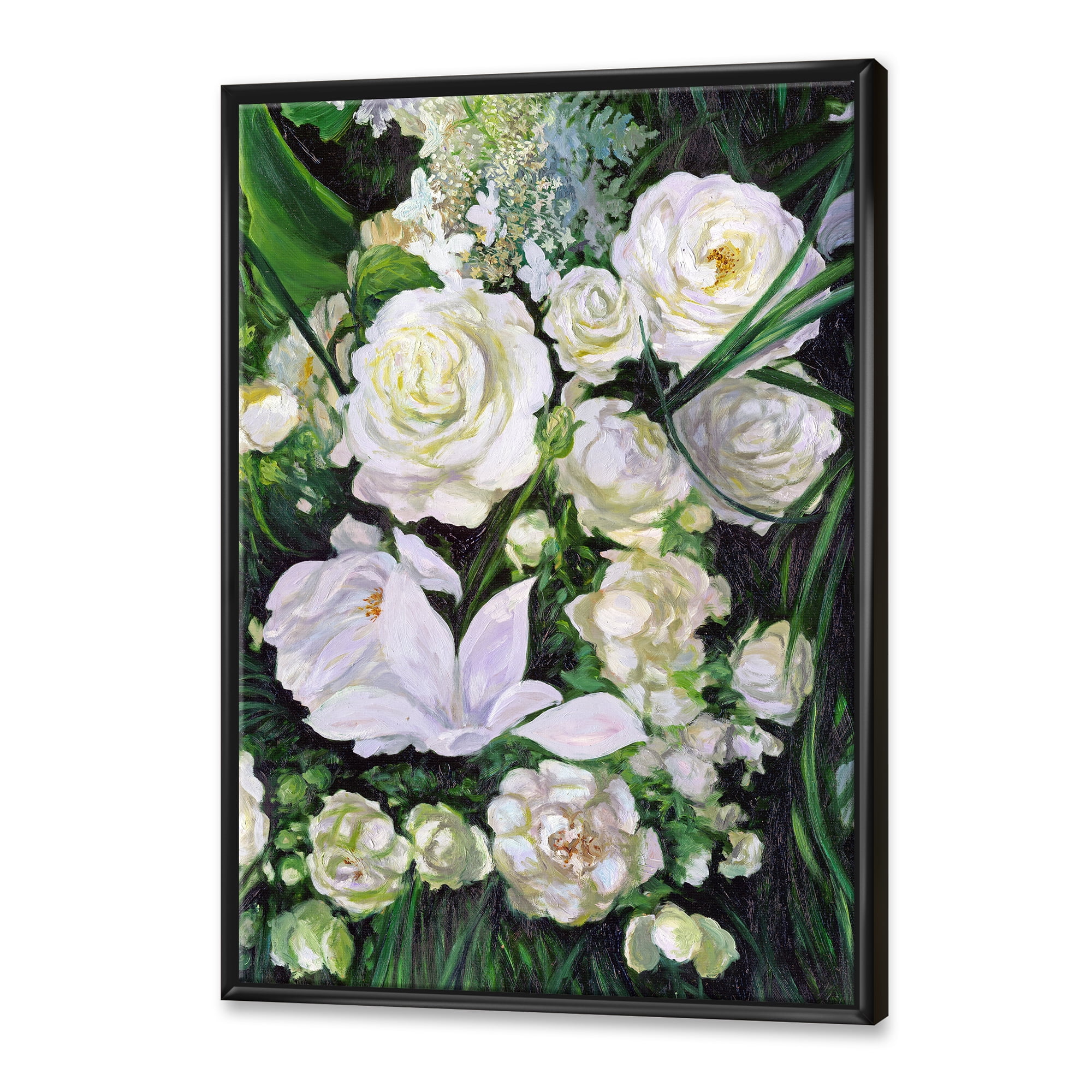 Bouquet Of White Roses With Green Leaves 12 in x 20 in Framed Painting Canvas Art Print, by Designart