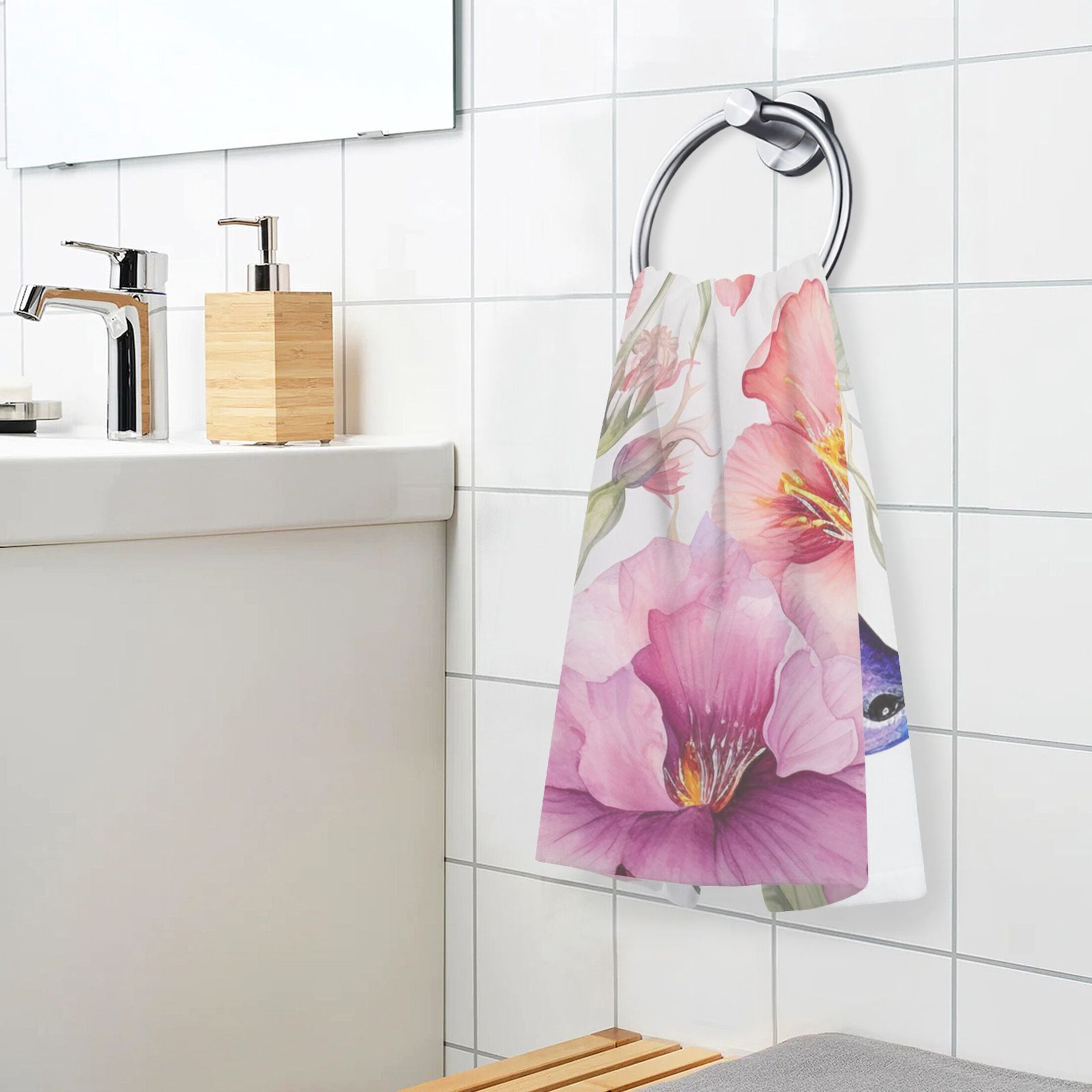 2 Pcs Hand Towel Set Couple Hummingbird with Flower Cotton Absorbent Soft Face Towels Bath Towels for Bathroom Kitchen Shower Hotel Decor 16"x28"
