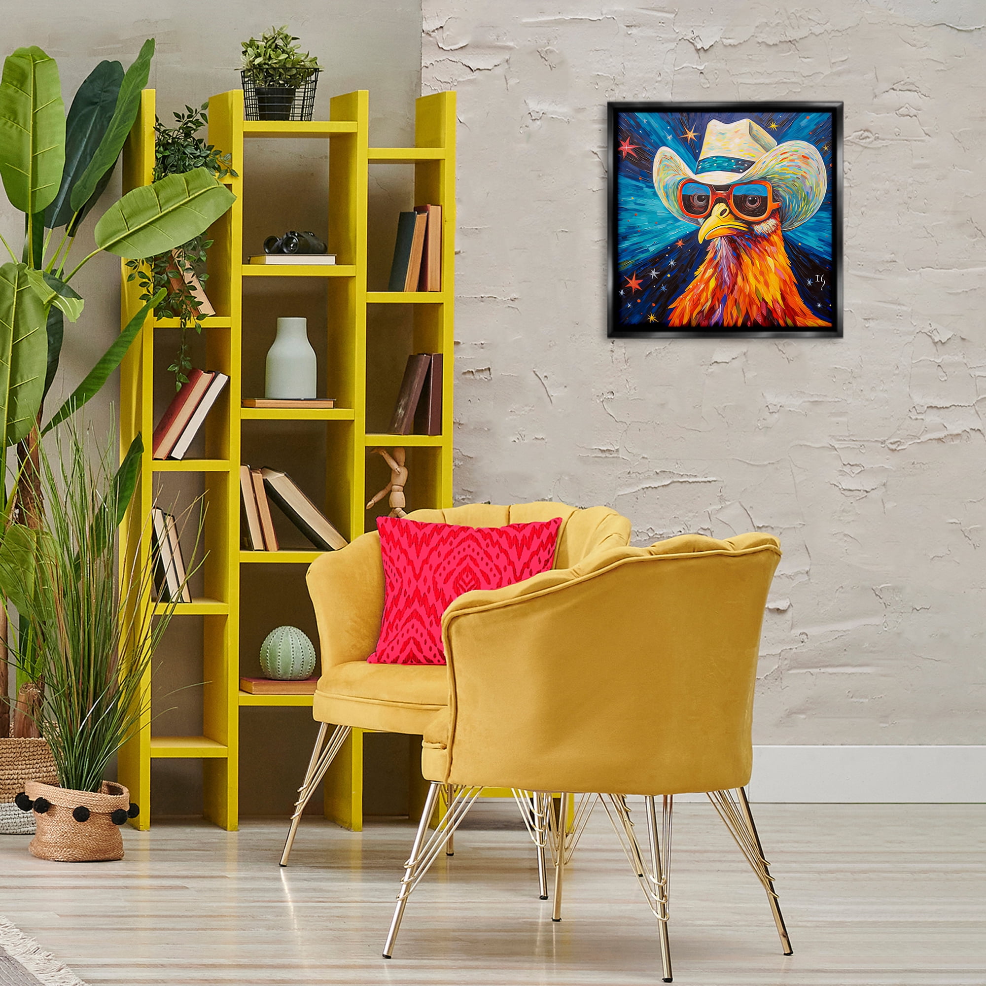 Stupell Industries Cowboy Chicken with Stars Animals & Insects Painting Black Floater Framed Canvas Art Print Wall Art, 18 x 18