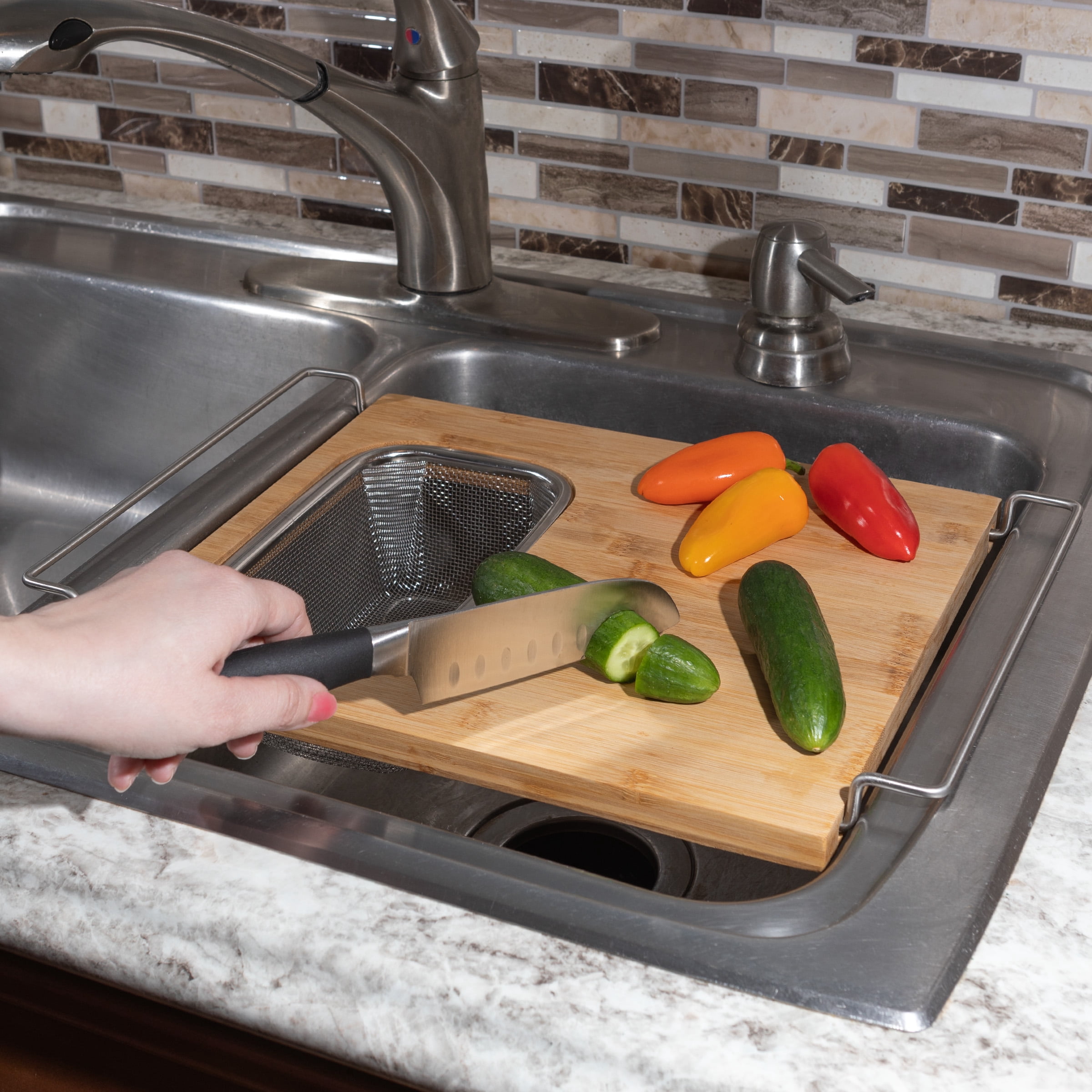 Classic Cuisine 2 in 1 Bamboo Cutting Board with Strainer for Over the Sink