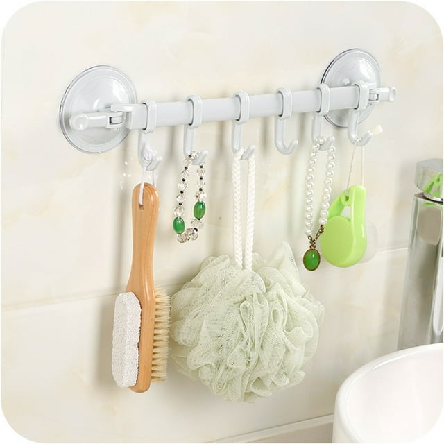 2 Pieces Home Bathroom Suction Cup wall hooks Towel wall hooks Towel hook Bar Removeable Shower Rod 6 Hooks Hanger Towel Bar Suction Towel Rack