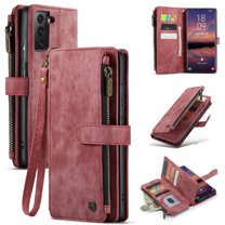 for Samsung Galaxy S22 Case Wallet for Women and Men, Samsung Galaxy S22 Case, PU Leather Magnetic Flip Strap Wristlet Zipper Card Holder Wallet Business Phone Cover for S22, Red