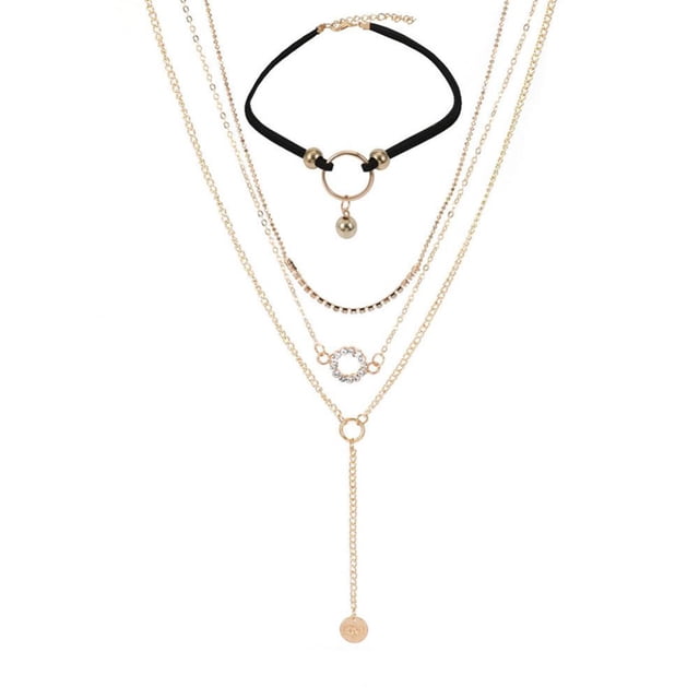 Collar con colgante con incrustaciones de diamantes de imitación de aleación de terciopelo multicapa para mujer (negro)