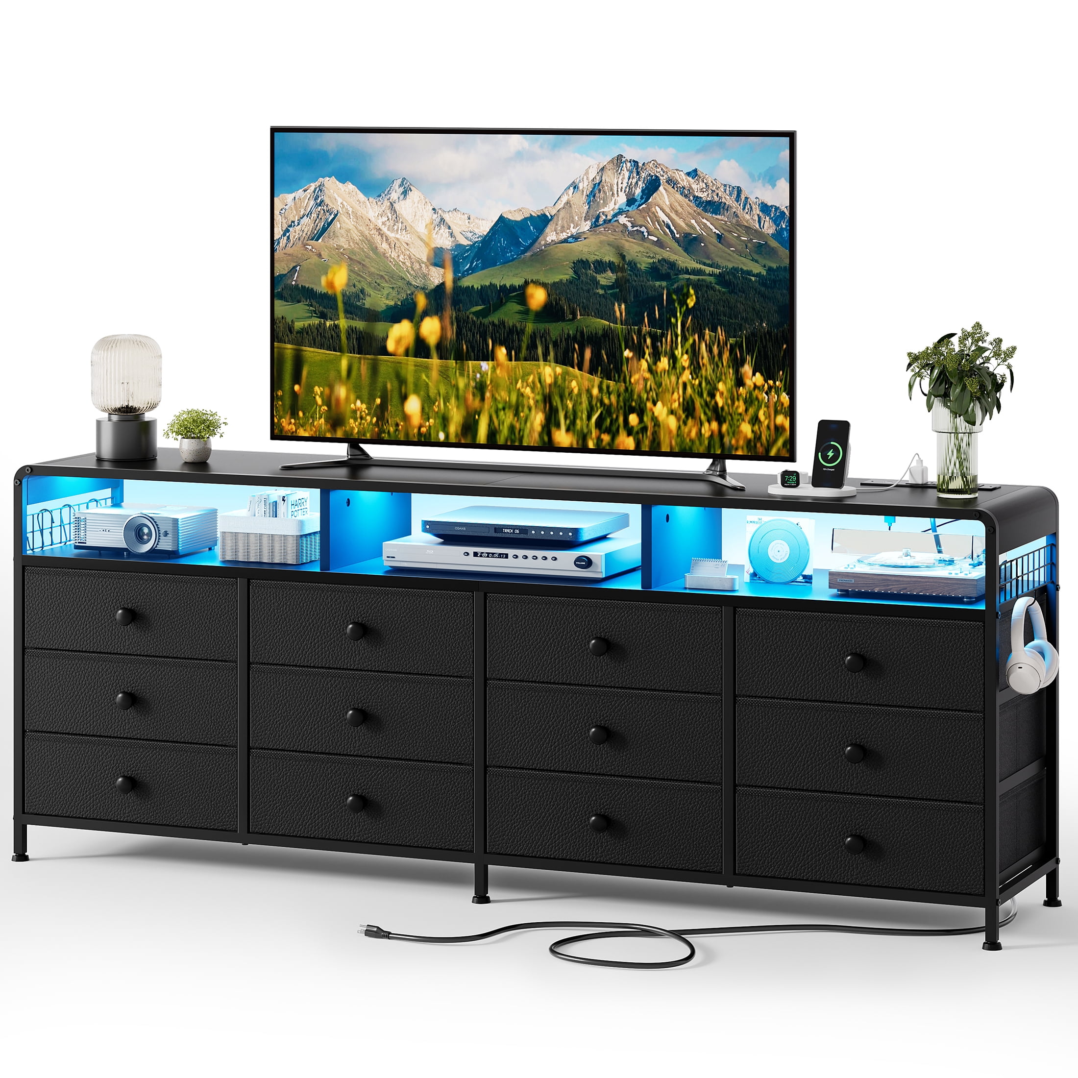 GUNAITO TV Stand for TVs up to 75", Big TV Stand with 12 Fabric Drawers and LED Lights, Entertainment Center with Storage and Shelves for Living Room, Black