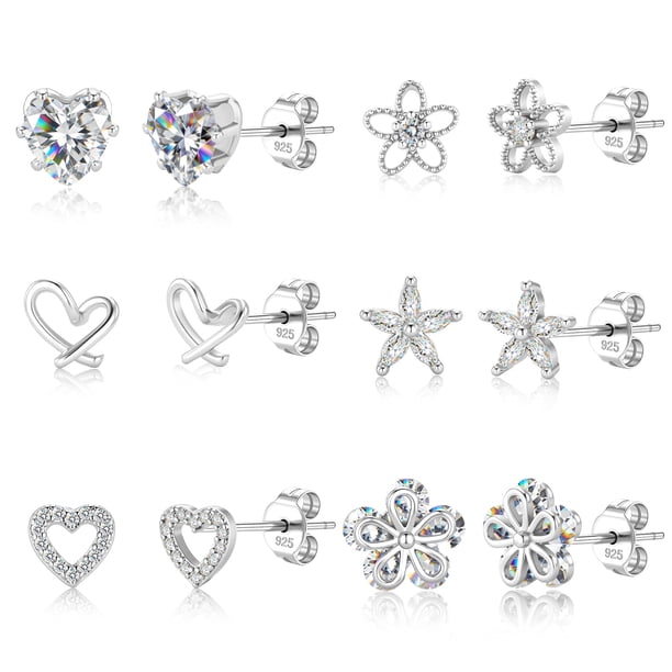 Pendientes de tuerca ALEXCRAFT de plata de ley 925, juego de 6 pares para mujer