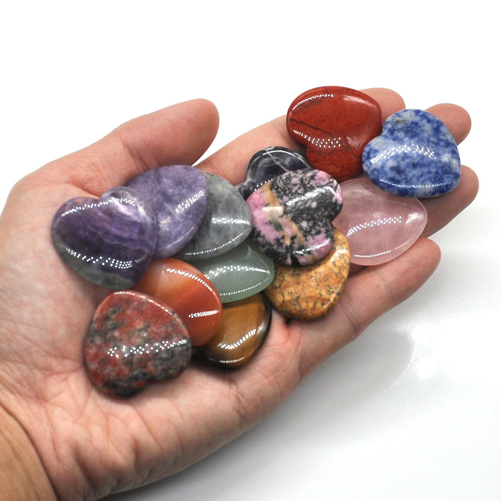 Crystal Heart Shaped Stones Set Assorted Natural Gemstones 1(25 * 25 *  12mm) Pocket Worry Palm Stone Rock Collection Box for Healing Reiki Jewelry