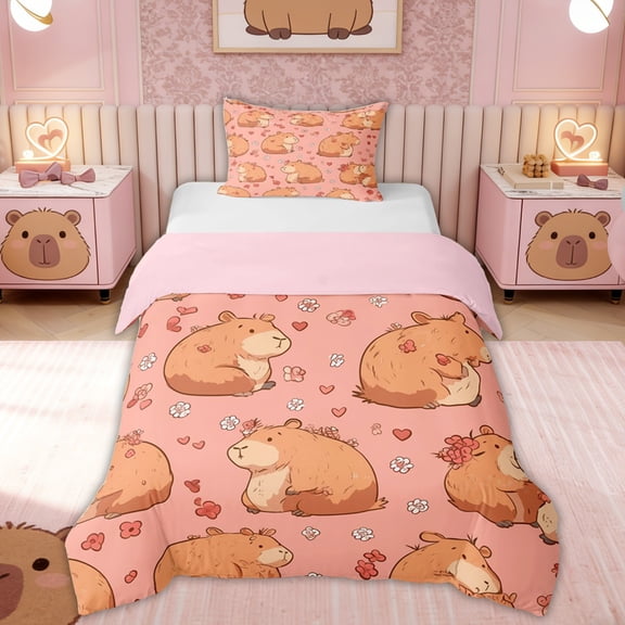 Erosebridal Capybara Lover Kids Twin Bedding, Love Heart Flower Duvet Cover Set, Pink Reversible, 2 Pieces, No Comforter