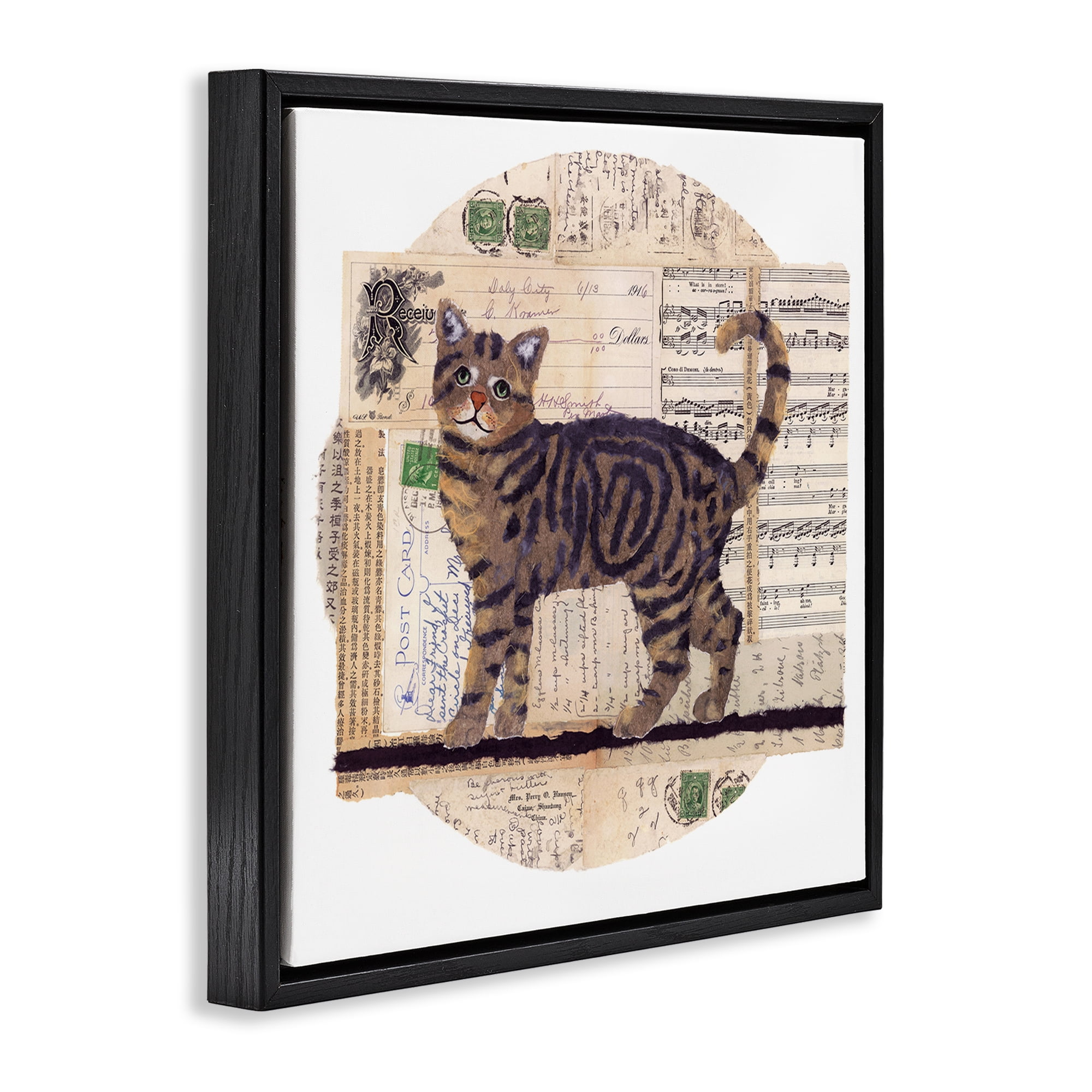 Stupell Industries Tabby Cat Collage Animals & Insects Painting Black Floater Framed Canvas Art Print Wall Art, 25 x 25