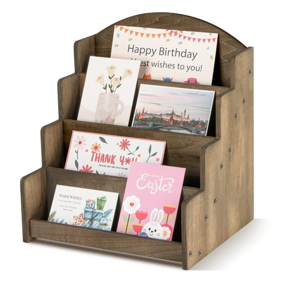 PUERSI Greeting Card Display Stand, Wooden 4-Tier Postcard Display Stand Holder for Sticker, Vendors, Retail Stores, Brown