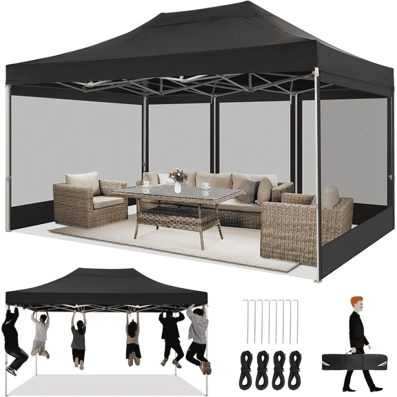 HOTEEL 10x15 Heavy Duty Canopy Tent, Pop up Gazebo with Netting Screened ,Waterproof Ez up Canopy with Sidewalls, Outdoor Instant Party Tent for Backyard,Black