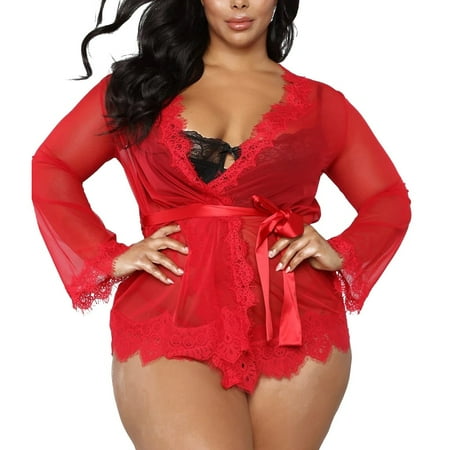 Lindreshi Bath Robes Female Women V-neck Lace Sexy Lingerie Underwear Bathrobe Mesh Robe with Thong + Belt