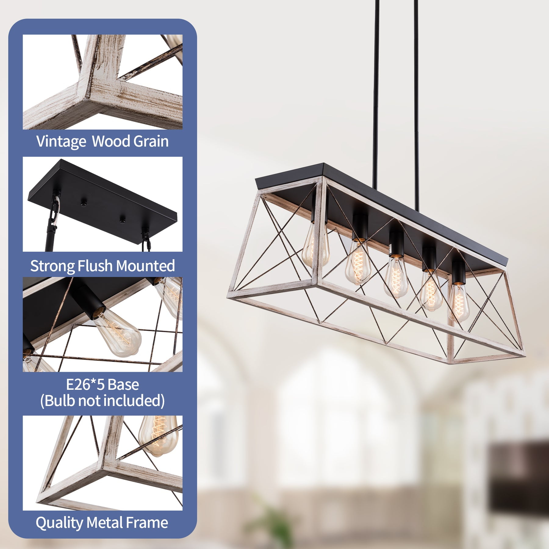 UHG 5-Light Farmhouse Chandelier for Kitchen Island, Rustic Rectangular Flush Mount Ceiling Light Fixture for Living&Dining Room, Height Adjustable Metal Pendant Lighting for Bedroom Hallway