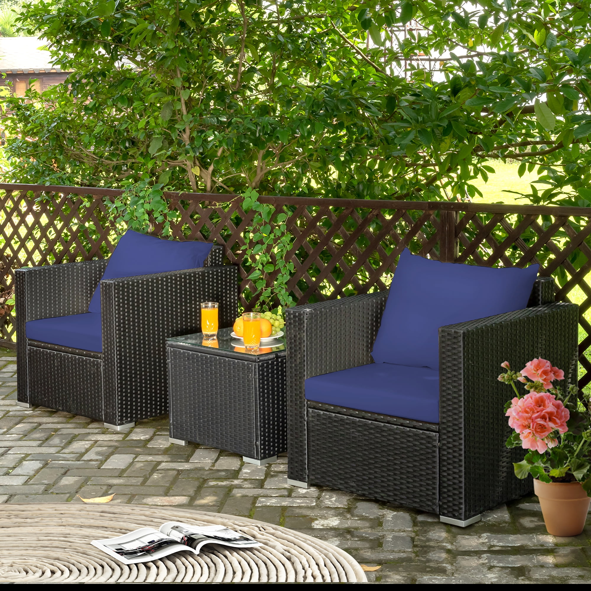 Costway 3PCS Patio Rattan Wicker Furniture Set Sofa Table W/Cushion Yard Navy