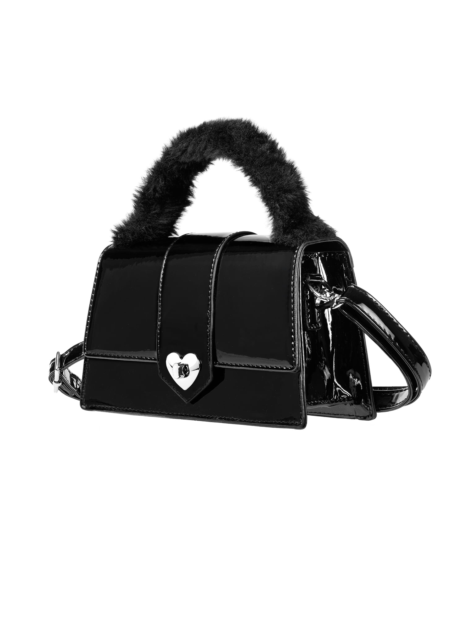 XOXO Women's Stella Fur Top Handle Crossbody Handbag Black