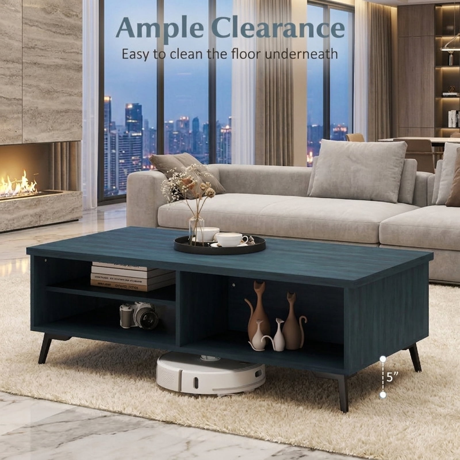 Furnibear 2-Tier Mid Century Modern Coffee Table with Storage Shelves Compartments - Blue - Living Room Cocktail Center Table