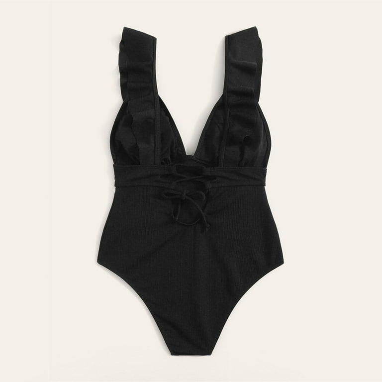 Womens Ruffle One Piece Swimsuits Sexy Halter V Neck Tummy Control