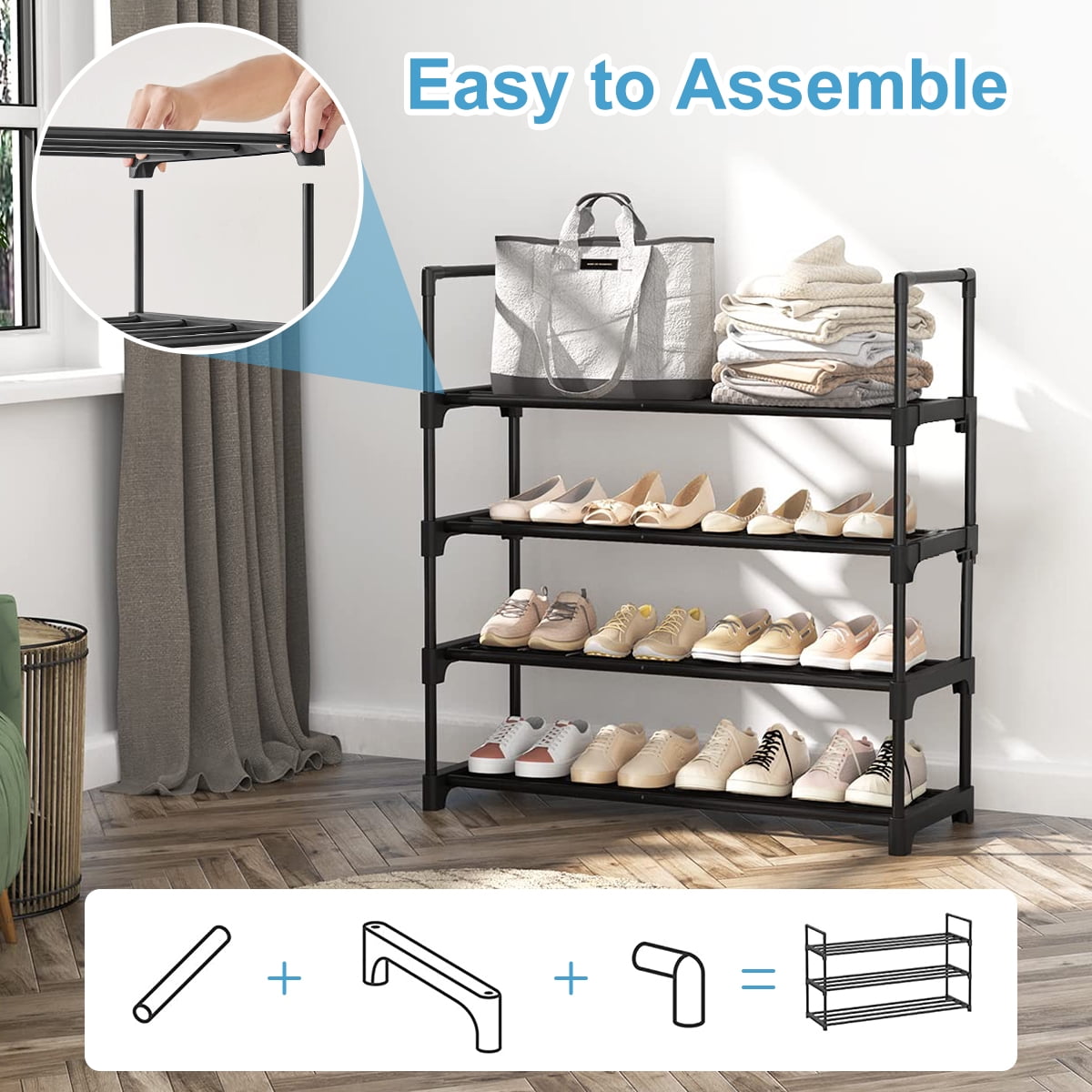 Fiuion Shoe Rack Multi-tier Metal Shoe Racks 12 Pairs Shoe Organizer Storage Freestanding Stainless Steel Shoe Shelf for Closet, Hallway, Entryway, Black, 3-Tier, 31.5in