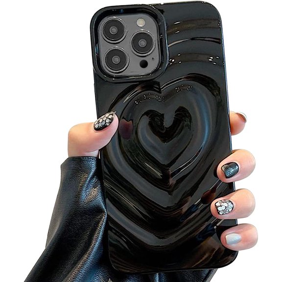 Compatible for iPhone 15 Pro Max Case Cute Love Heart Fashion Soft Silicone 3D Heart Water Ripple Shockproof Women Girls Case Cover - Black