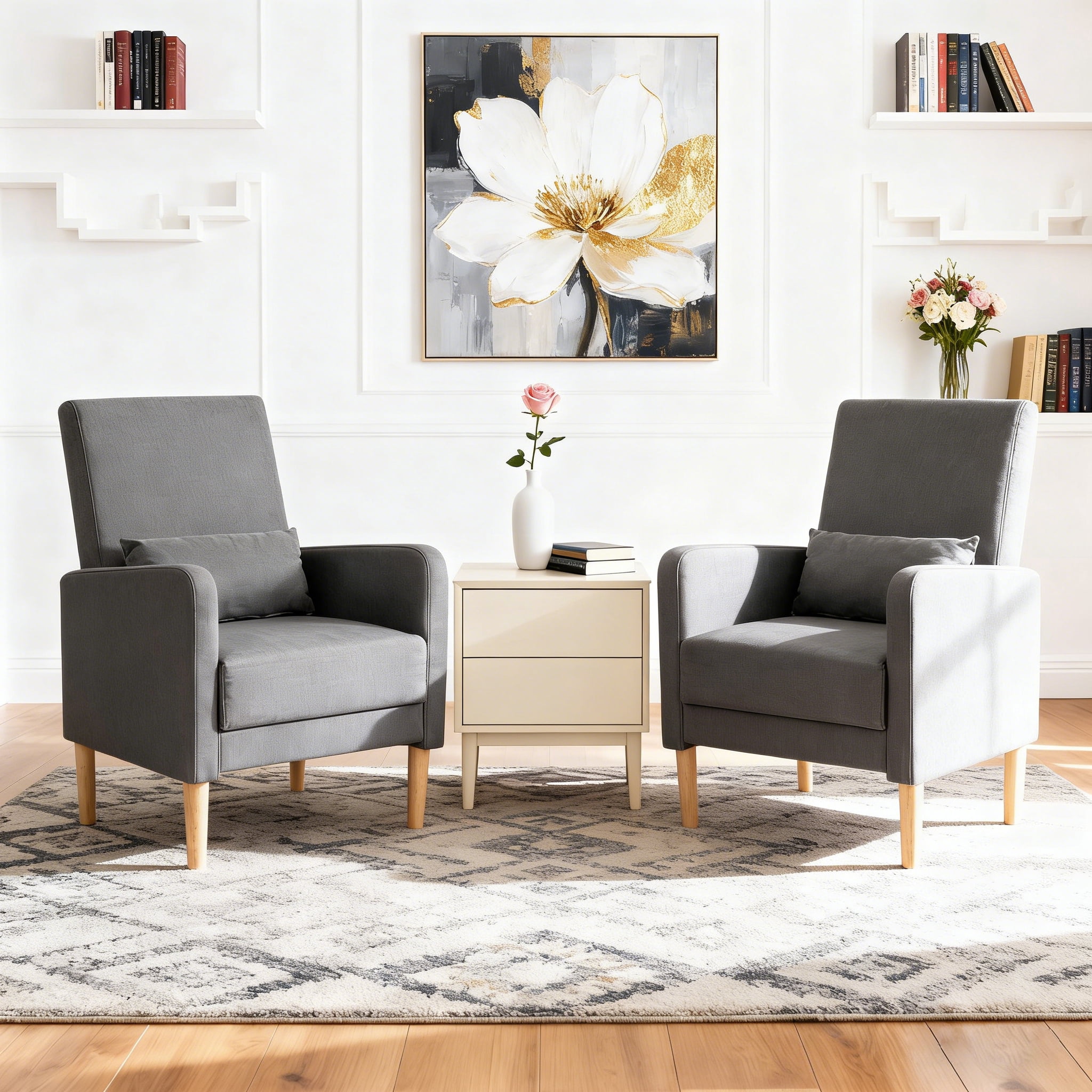 Gewnee 26.5”Modern Accent Chair,Linen Fabric Upholstered Comfy Single Chair with Solid Wood Frame & Pillow for Living Room,Apartments & Small Spaces.Dark Grey