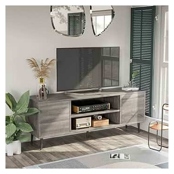 SONGMY TV Stand for 65 Inch TV, Mid Century Modern TV Stand, Entertainment Center with Storage Cabinet and Open Shelves, TV Console Table Media Cabinet for Living Room, and Bedroom (Gray)