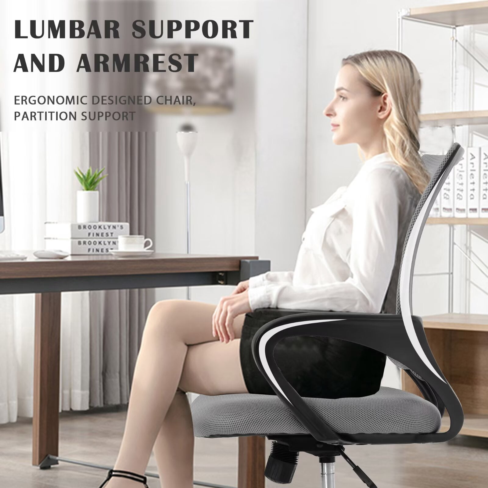 YRLLENSDAN Mesh Office Chair with Lumbar Support and Armrest, Comfortable Desk Chairs with Wheel, Home Swivel Chair with Adjustable Height and Tilt, Grey
