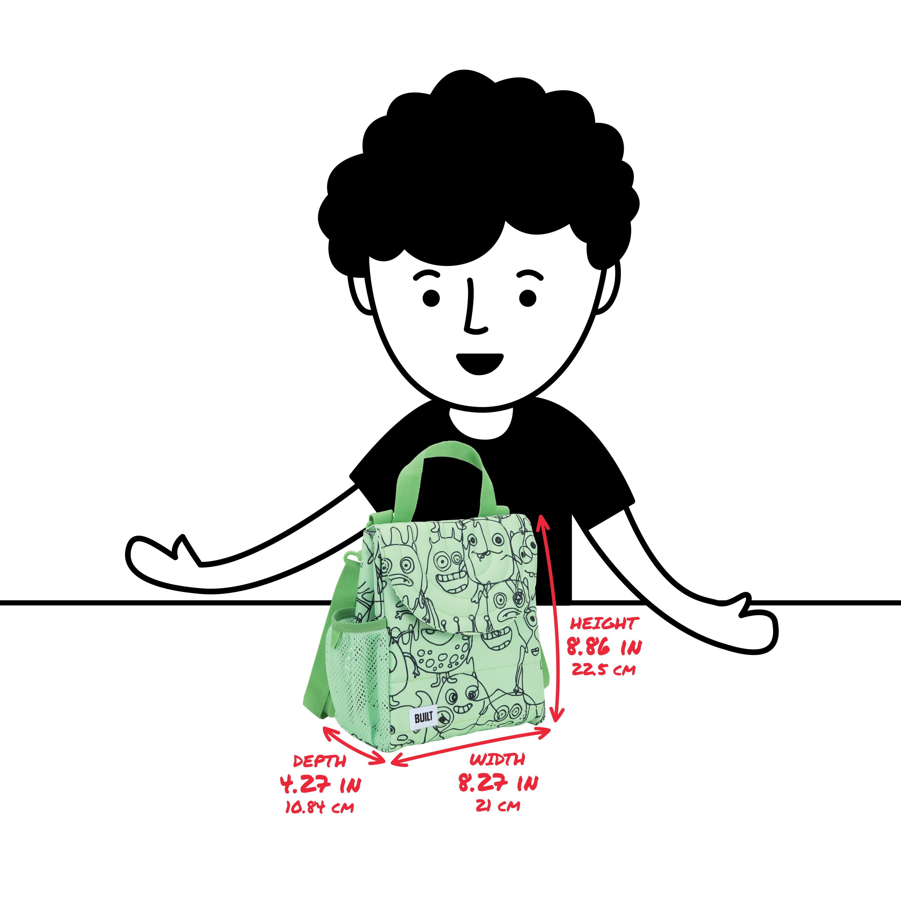 BUILT Insulated Reusable Polyester Kids Lunch Box Puffer Bag with Side Pocket, Monster Green
