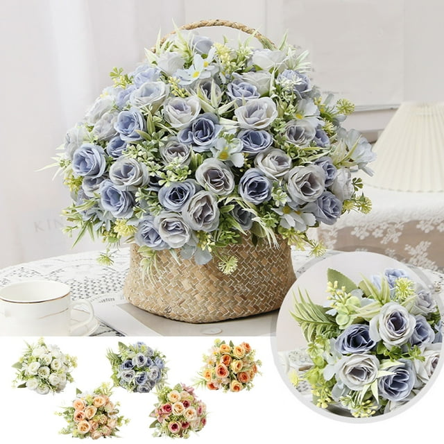 Ramo de rosas artificiales multicolor | Flores de seda decorativas de plástico para centro de mesa de sala de estar, decoración realista | 30 x 16,8 cm, duradero, ideal para eventos en casa