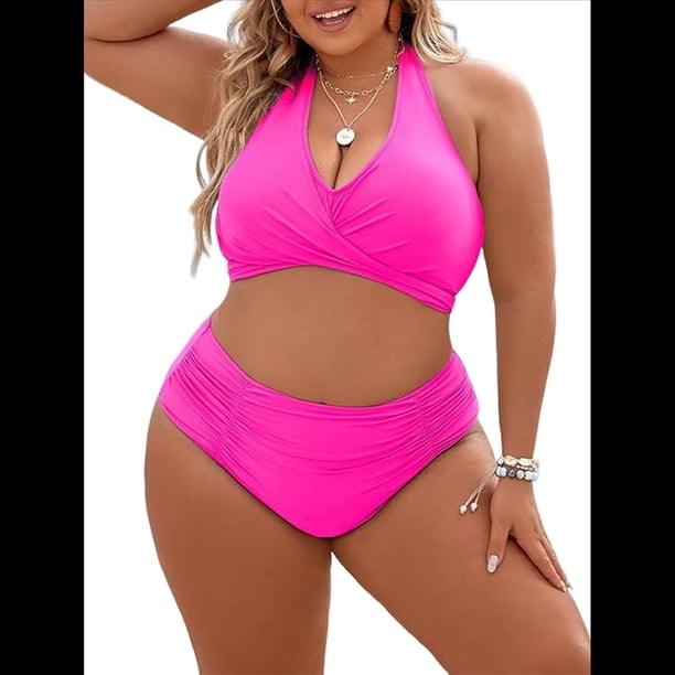 Traje de Baño de Dos Piezas con Control de Abdomen para Mujer, Bikini de Cintura Alta, 2025 Rosa Roja L