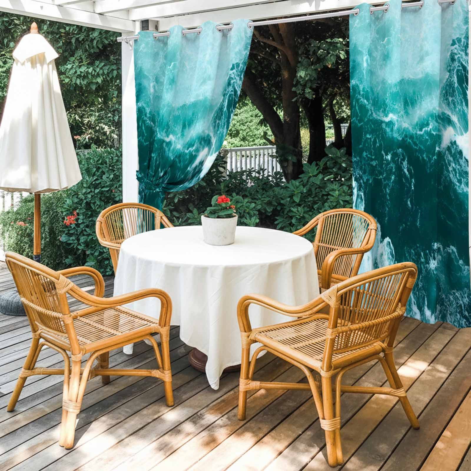 Ocean Waves Outdoor Curtains for Patio, Modern Nautical Dark Green Ocean Waves Sunshade Privacy Drapes Grommet Waterproof Outside Curtains for Porch/Cabana/Balcony 54"x 108", 1 Panel