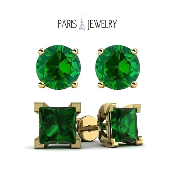 Paris Jewelry 18k Yellow Gold 2 Pair Created Emerald 6mm Round & Princess Stud Earrings plated