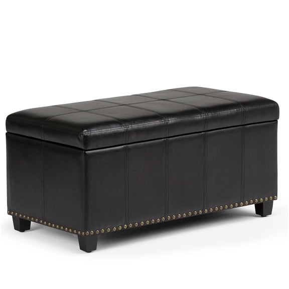 Midnight Black Storage Ottoman Bench with Faux Leather Upholstery, Multi-Functional Footrest Stool for Living Room