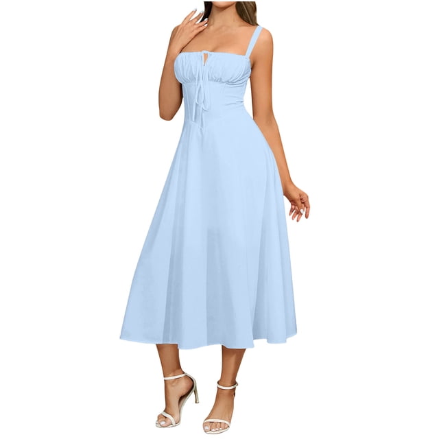hotojiny Robes de Cocktail pour Femmes 2025 Élégantes à Encolure Carrée Boho Mi-Longues à Nouer Sans Manches pour Sorties Évasées Fluides Robe d'Été
