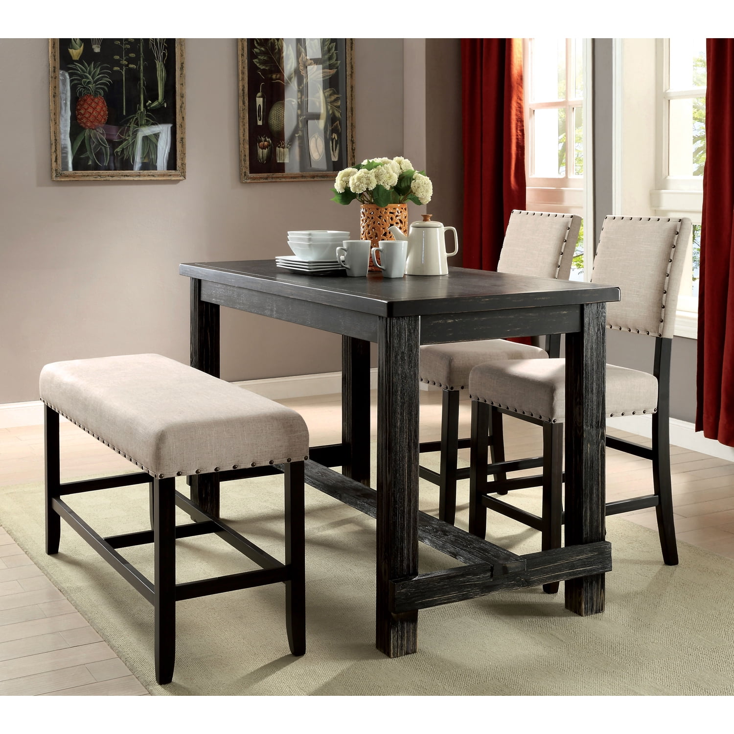 Furniture of America Freiden Rustic Counter Height Dining Table, Antique Black