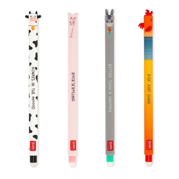 Legami Set of 4 Farm Sweet Farm Erasable Gel Pens, Pens with Erasable Thermosensitive Ink, Black, Pink, Green, Red, Erase Without Using Up the Paper, 0.7 mm Tip