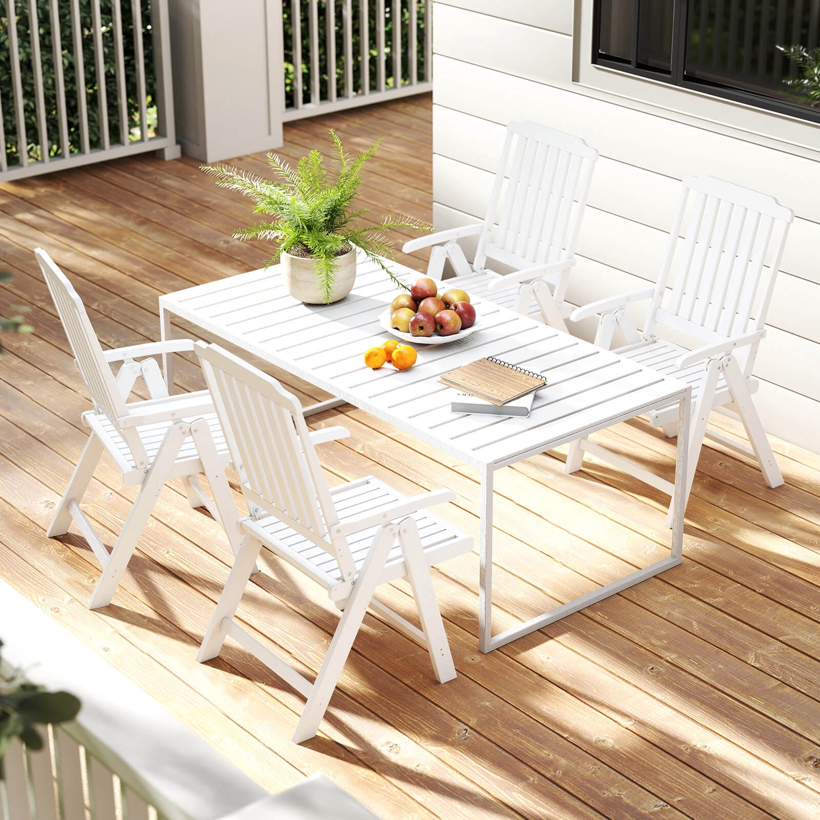 Costway Foldable Patio Chair with Armrest, Curved Back, Slatted Seat for Backyard Deck White
