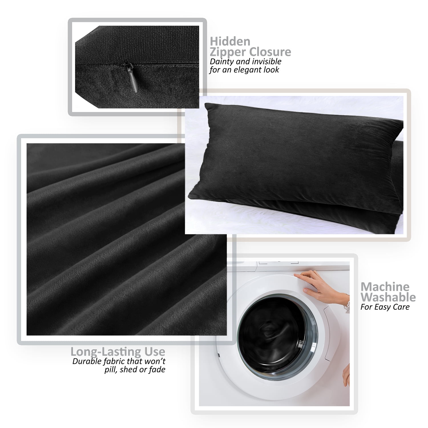 Clara Clark Plush Solid Decorative Microfiber Square Throw Pillow Cover with Throw Pillow Insert for Couch, Black, 24"x24"", 4 Piece Decorative Soft Throw Pillow Set