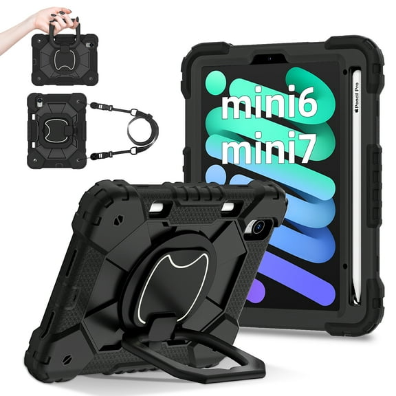 CoverTrend Kids Case for Apple iPad Mini 7 A17 Pro 2024 & iPad Mini 6 2021 8.3-Inch Silicone iPad Mini 7th/6th Case with Shoulder Strap & Pen Holder Rotating Stand 3-Layer Rugged Cover, Black