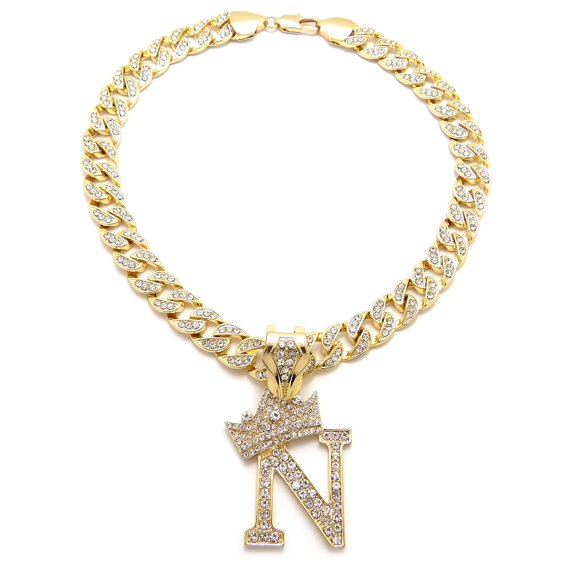 iJewelry2 Kings and Queens Crowned Initial Letter N Crystals Pendant Gold-tone Cuban Linked Chain Necklace