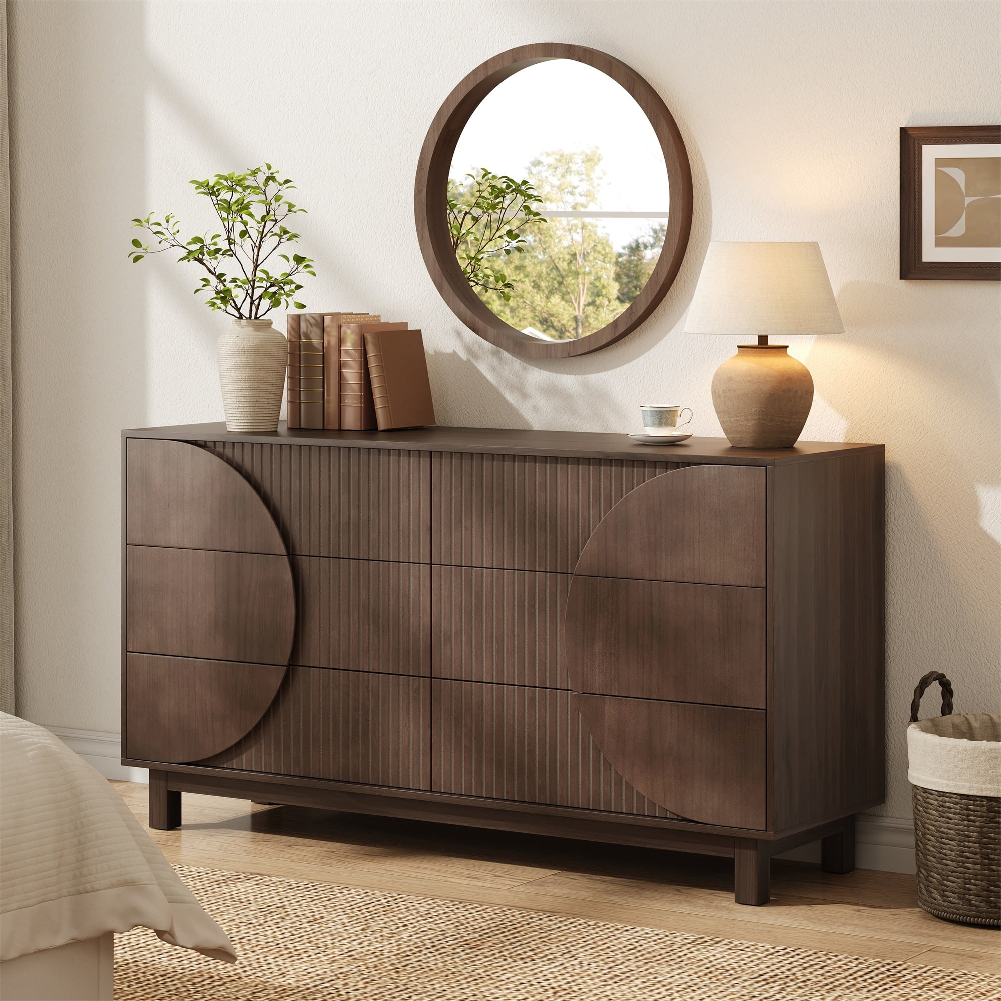 Alvantor 6 Drawer Dresser, 60" Wide Wooden Chest of Drawers with Upgraded Stable Base, Fluted Dresser for Bedroom Dark Brown