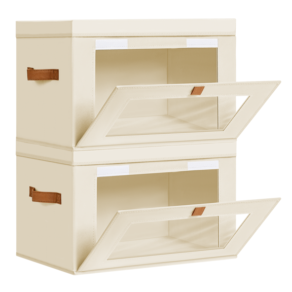 2 Pack Beige Closet Storage Bins with Lids Front Opening Storage Bin Collapsible Fabric Organizer with Clear Window Dual Handles Closet Clothes Blanket Book Storage Box for Home DIMJ