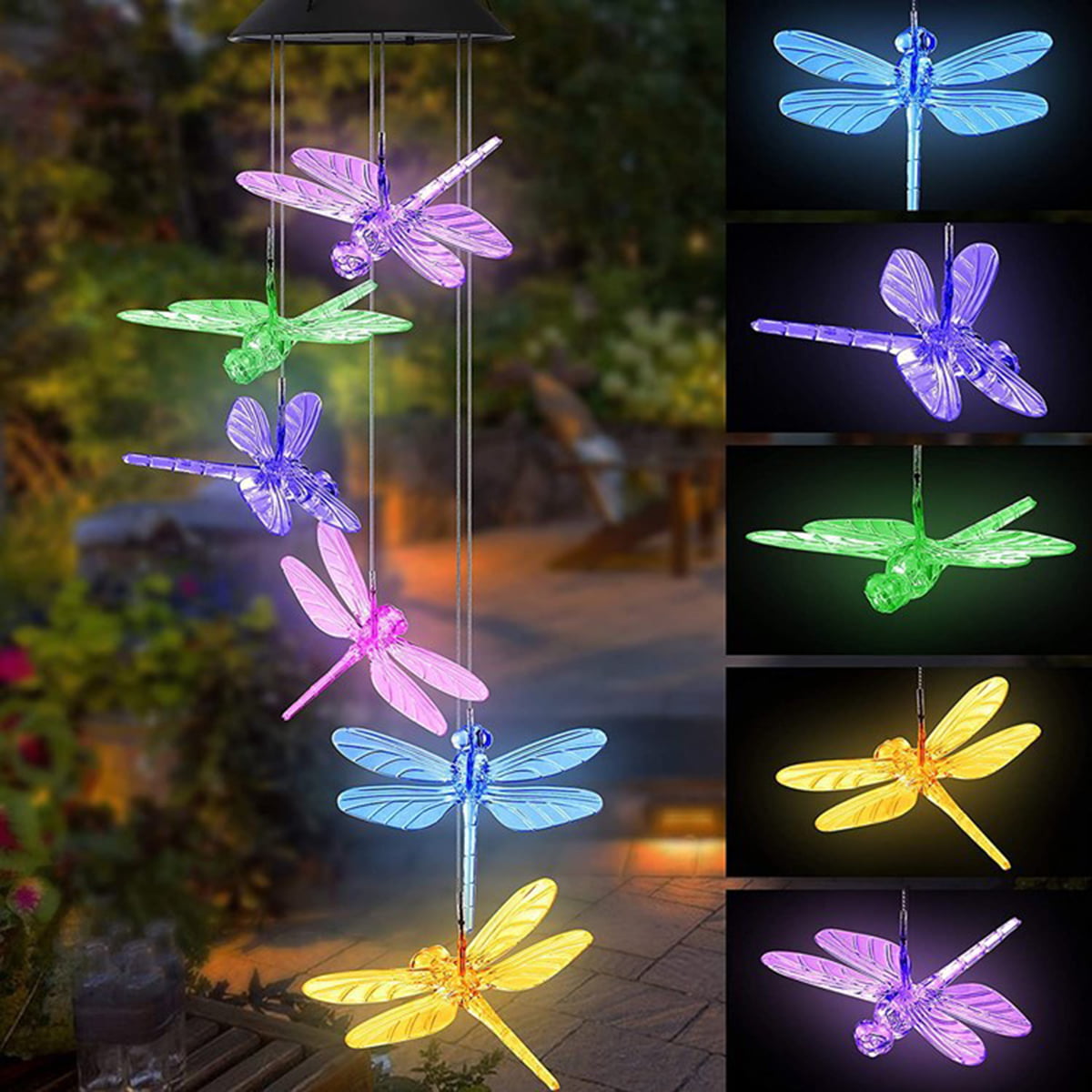 Solar Powered Color-Changing LED Hummingbird Wind Chime Lights Yard Garden Decor 