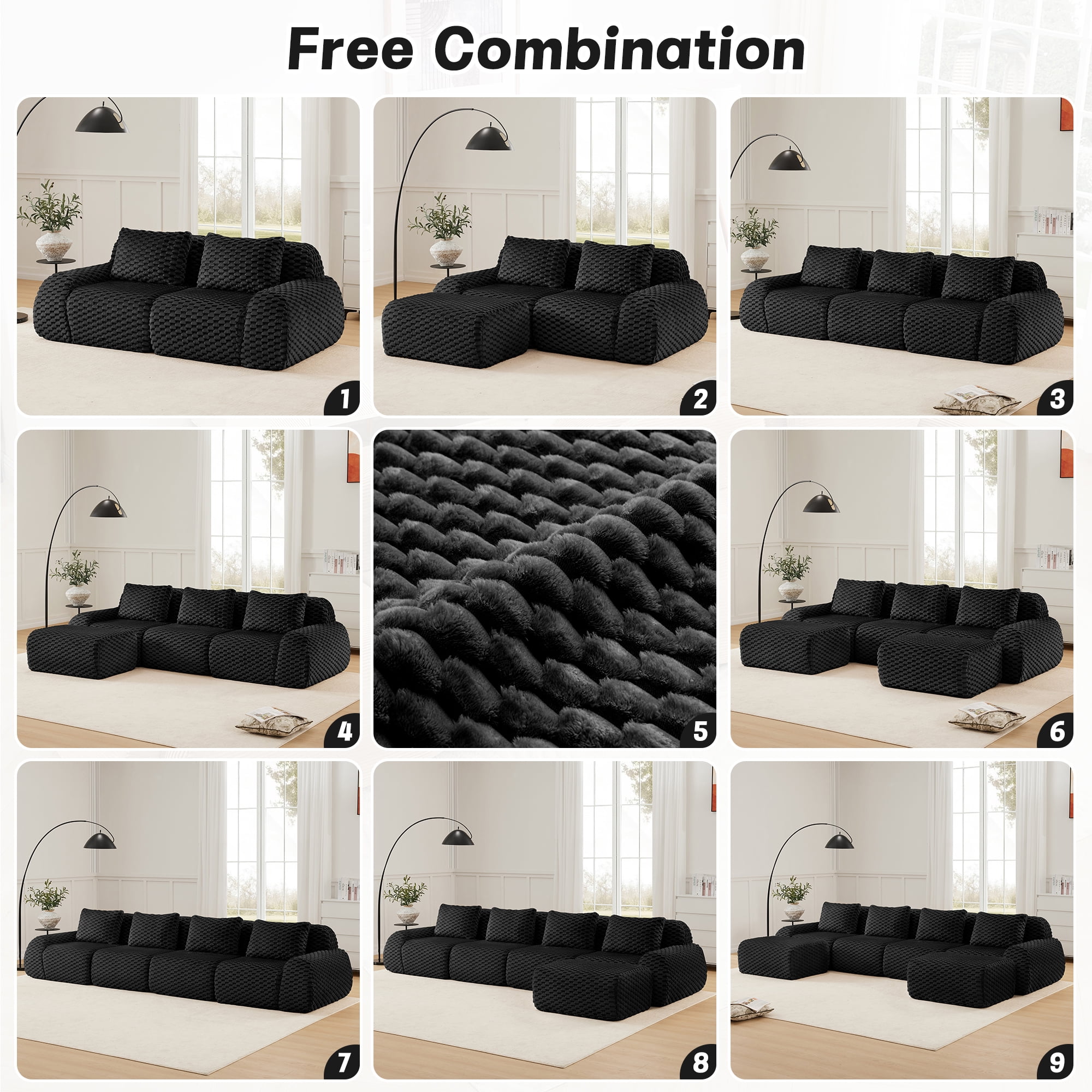 Aukfa 146" U-Shaped Modular Cloud Sectional Sofa, Oversized Deep-Seat 6-Seater Couch with 2 Ottomans, Flannelette Upholstered Boneless Sofa, Black