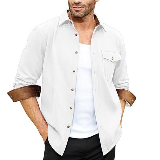 Blusa y camisa de manga larga con cuello vuelto para hombre, informal, lisa, con botones y bolsillo, de poliéster
