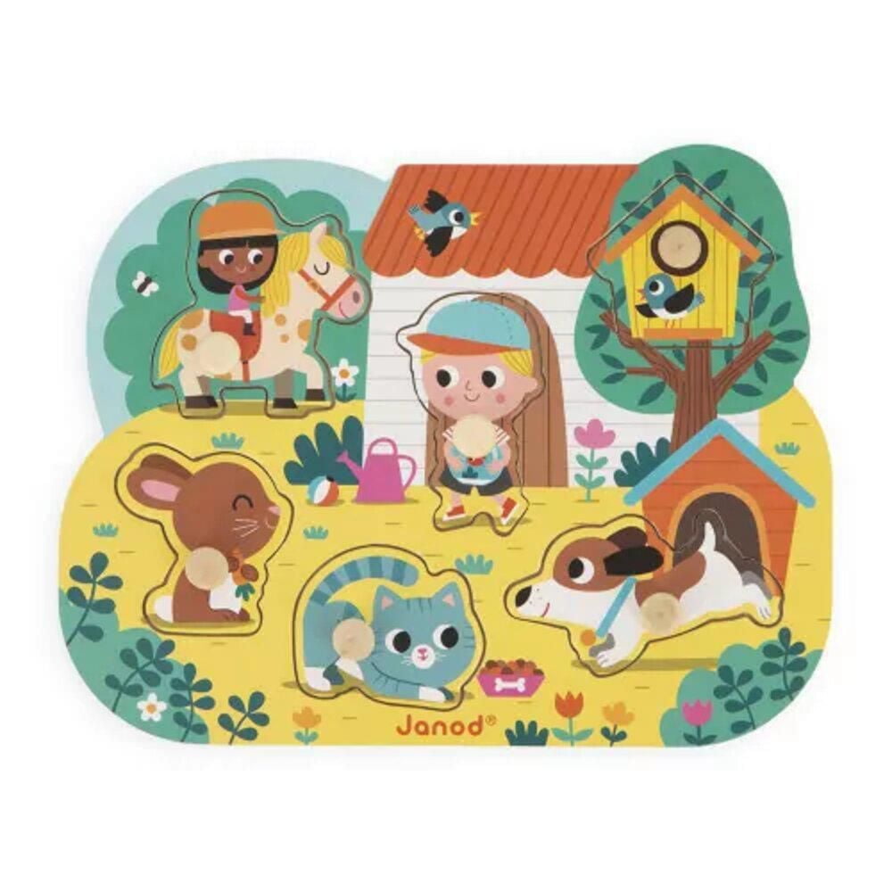 Janod - Puzzle de la campagne - 6 pièces à chevilles - Bois - Apprentissage précoce - Compétences motrices fines - Pour tout-petits - À partir de 18 mois - Multilingue