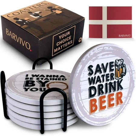 

BARVIVO Funny Ceramic Coasters For Drinks Absorbent with Holder - Set of 6